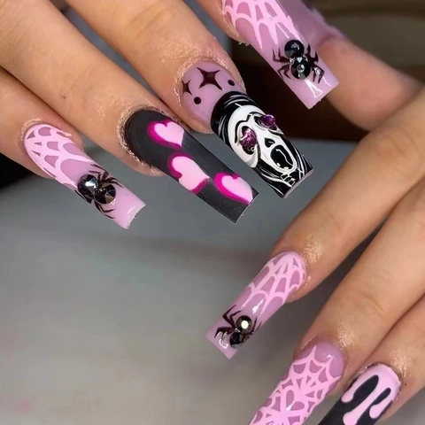 Unghie Finte A Pressione Lunghe Coffin Halloween Ragnatela Teschio Cuore Rosa Nero Strass Unghie Artificiali