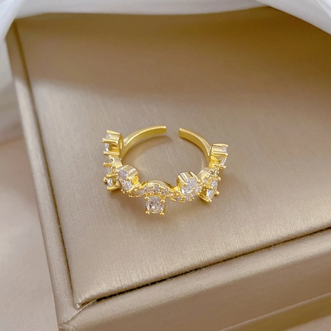 Verstelbare Open Ring Voor Dames Elegant Messing Verguld Wit Zirkoon Tak Ontwerp Mode Sieraden