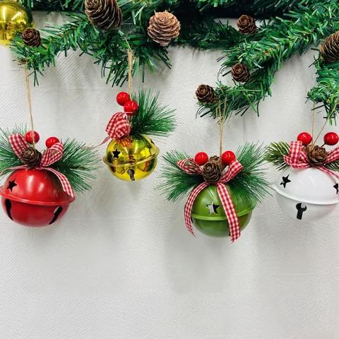Christmas Metal Bell Ornaments Iron Star Cutouts With Fabric Plaid Bow Pine Cone Berry For Xmas Tree Decoration