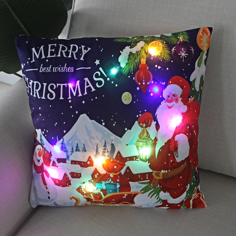 Christmas Cushion Cover LED Glowing Light Up Soft Plush Pillowcase Holiday Party Home Decor Festive Cartoon Print