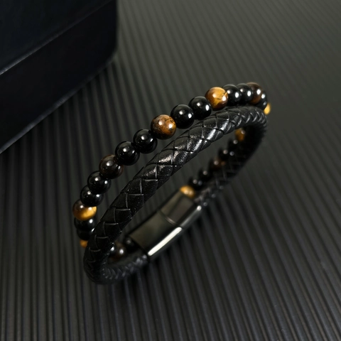 Men Double Layer Bracelet Braided Synthetic Leather Tiger Eye Black Agate Beads Magnetic Stainless Steel Buckle Retro Punk