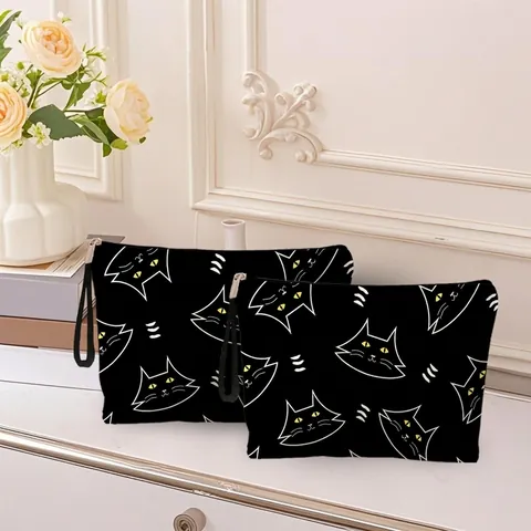 Borsa Trucco Con Stampa Gatto Lino Fine Astuccio Cosmetico Portatile Con Cerniera E Cinturino Da Polso Per Donne Studenti Viaggio