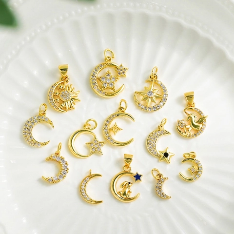 Stern Mond Anhänger Kupfer Vergoldet Zirkonia DIY Schmuckherstellung Charms