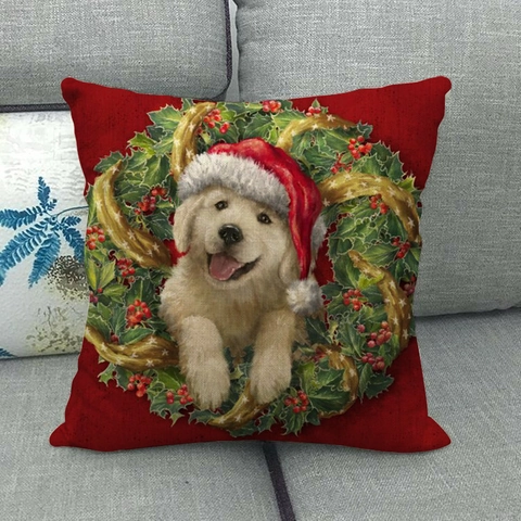 Weihnachts Kissenbezüge Leinen Baumwolle Mischung Weihnachtsmann Hund Katze Druck Festliche Feiertage Sofa Deko Quadratisch