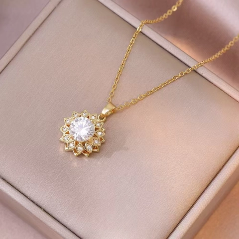 Collana Con Pendente Girasole Rotante Per Donna Acciaio Al Titanio Rame Zircone Intarsiato Moda Gioielli Di Lusso Leggeri