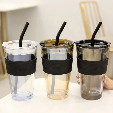 Aurora Glass Water Bottle With Straw Lid Silicone Sleeve Heat Resistant Coffee Cup For Office Home Breakfast Mug