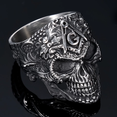 Bague Crâne Punk Acier Inoxydable Maçonnique Boussole Carré G Chevalier Vintage Rétro Gothique Bijoux Pour Hommes
