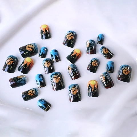 Halloween Press On Nails Short Square ABS Artificial False Nails Dark Gothic Forest Castle Spooky Festival Theme For Women