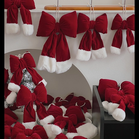 Christmas Tree Bow Ornament Red Velvet With White Plush Trim DIY Hanging Decoration For Holiday Party Home Decor