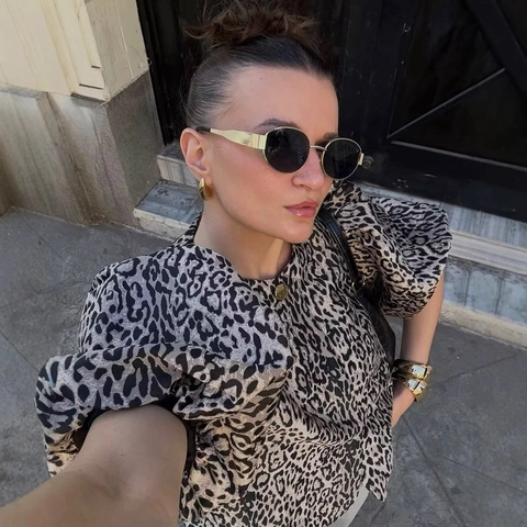 Elegant Women Satin Blouse Top Bubble Short Sleeve Glossy Round Neck Gold Button Leopard Solid Office Wear