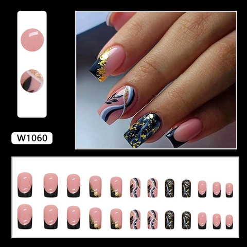Black Pink French Gold Foil Press On Nails Abstract Curved Line Ink Wash Style Artistic Long Square Artificial Nails For Women