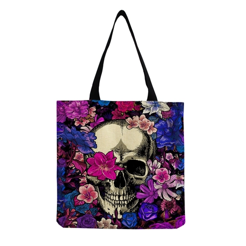 Large Capacity Linen Tote Bag Sugar Skull Floral Print Shoulder Bag For Women Student Portable Shopping Handbag Gothic Art