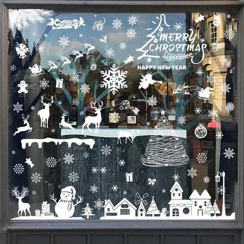 Kerst Vensterstickers Statische Raamstickers Wit Sneeuwvlok Kerstman Rendier Winter Glas Etalage Decoratie