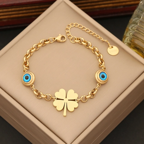 Collana Bracciale Orecchini Quadrifoglio Occhio Di Allah Acciaio Inossidabile Placcato Oro Gioielli Eleganti