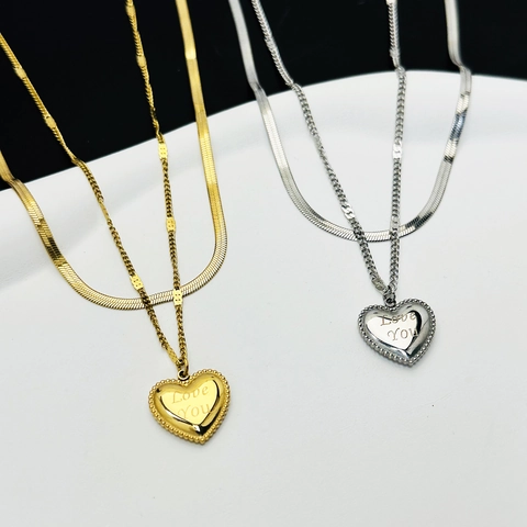 Collar de Doble Capa de Acero de Titanio de Lujo Ligero Con Colgante de Corazón Grabado Love You Cadena de Serpiente Apilable Collar de Mujer Joyería de Oro Plata