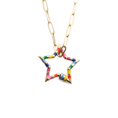 Rainbow Enamel Star Pendant Necklace Gold Copper Paperclip Link Chain Hip Hop Jewelry For Women Girls