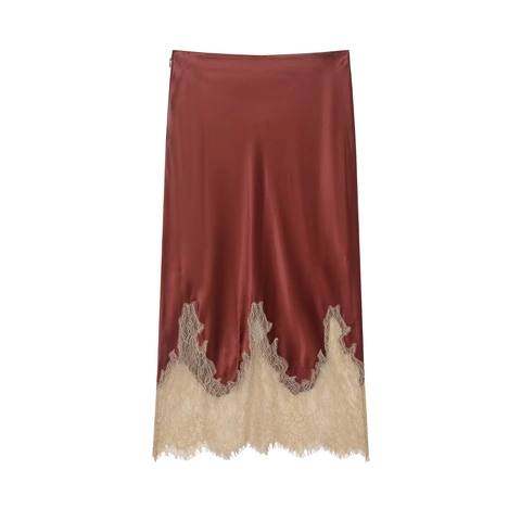 Gonna Midi In Raso Da Donna Con Bordo In Pizzo Vita Alta Elegante Dritta Poliestere Texture Di Raso Vintage Rosso Mattone