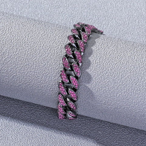 Bracciale Catena Cubana Iced Out Hip Hop Lega Zirconia Rosa Strass Chiusura a Scatola Gioielli Punk Per Uomini Donne Accessorio Moda