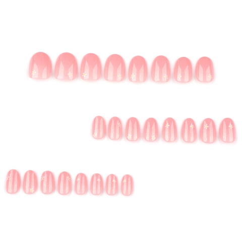 Press On Nails Bloemenpatroon Kort Rond Roze Transparant Glitter Kunstnagels Manicure Voor Vrouwen