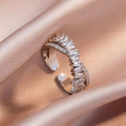 Vintage Copper Double Layer Cross Open Ring For Women Luxury Full Zirconia Inlaid Adjustable Banquet Party Fashion Jewelry