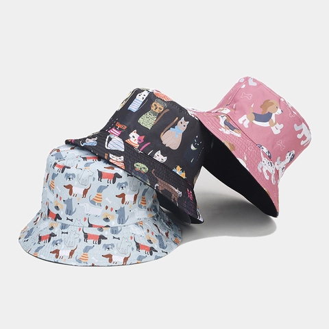 Cartoon Animal Printed Bucket Hat Polyester Reversible Sun Protection Outdoor Casual Cute For Women Men