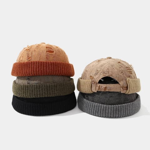 Vintage Distressed Docker Hat Men Women Ripped Brimless Miki Hat Retro Polyester Knitted Skullcap Streetwear