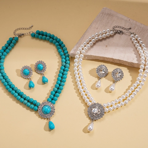 Vintage Bohemian Multi Layer Necklace And Earrings Alloy Rhinestone Faux Artificial Pearl Turquoise Waterdrop Pendant Jewelry For Women