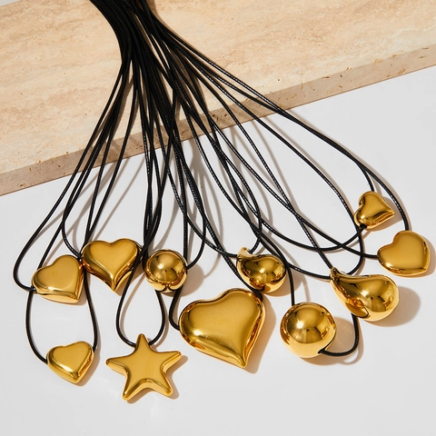 Collier Pendentif Étoile Cœur En Acier Inoxydable Poli Miroir Minimaliste Ajustable Cordon Cire Bijoux Pour Femmes
