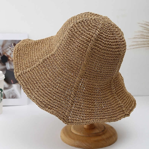 Hand Crocheted Straw Sun Hat For Women Wide Brim Breathable Foldable Hollow Fisherman Style Beach Vacation Summer Accessory