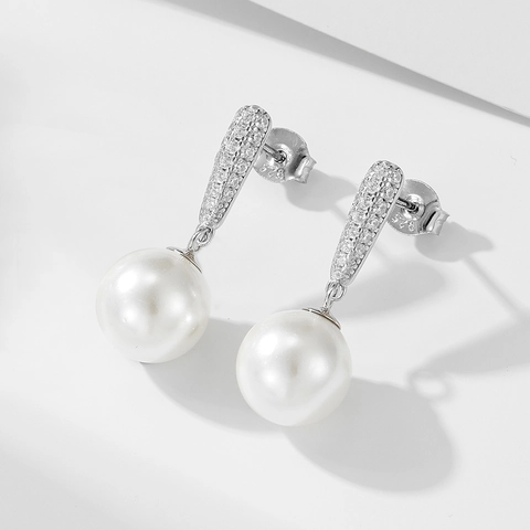 Elegantes Pendientes de Botón de Plata de Ley 925 con Perlas Artificiales para Mujer Pendientes Geométricos con Micro Estrás Joyería