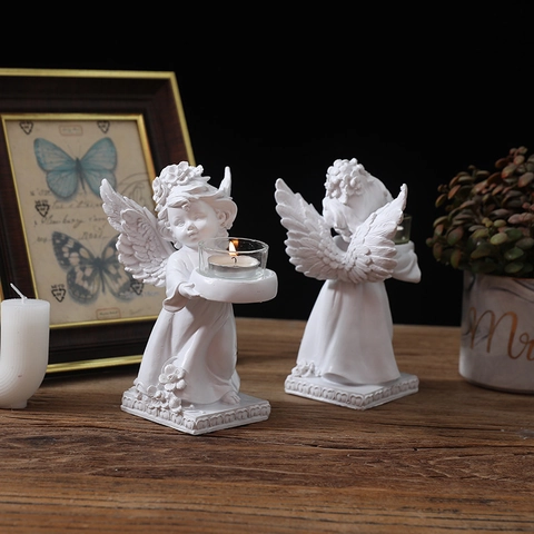 European Style Resin Angel Figurine Candlestick White Winged Cherub Statue For Home Desktop Decor Vintage Ornament