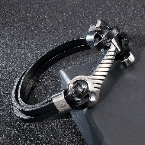 Men Multi Layer Braided Genuine Leather Bracelet With Stainless Steel Hammer Wrench Shape Hardware Industrial Punk Wristband