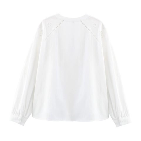 Damen Weiß Baumwolle Stickerei Hohl Spitze Langarmshirt Und Shorts Elegant Casual Streetwear Kleidung