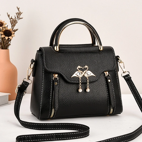 Bolso de Mano de Moda para Mujer con Bloque de Color Cuero de PU Textura de Litchi Bandolera con Decoración de Cisne