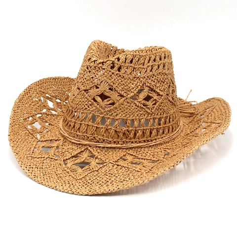 Χειροποίητο Πλεκτό Ψάθινο Καπέλο Cowboy Για Γυναίκες Άνδρες Διάτρητο Αναπνεύσιμο Φαρδύ Γείσο Western Fedora Καλοκαιρινό Καπέλο Παραλίας