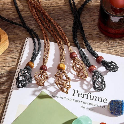 Stone Holder Necklace Handmade Woven Rope Net Pocket Adjustable Cord With Wood Bead For Crystal Raw Stone Boho Style