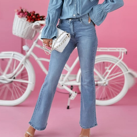 Leicht Ausgestellte Jeans Mit Hoher Taille Aus Denim Polyester Gewaschene Schmale Passform Für Freizeit Und Büro Elegante Damen