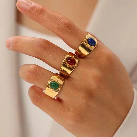 Vintage Vergoldeter Edelstahlring Offen Verstellbar Ovaler Cabochon Stein Band Schmuck Für Damen Und Herren