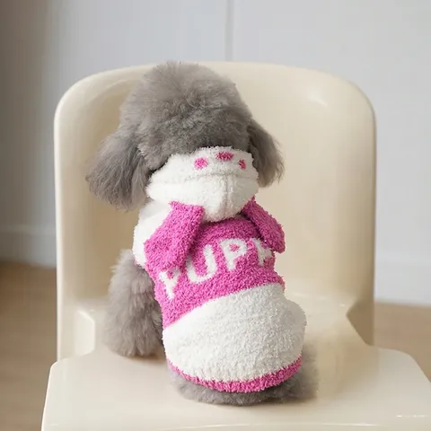 Pet Dog Hooded Sweater Cute Animal Ears Warm Knitted Velvet Fleece Winter Clothes Puppy Letter Print Soft