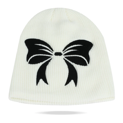 Damen Strickmütze Beanie Mit Schleife Stickerei Warm Wintermütze Y2K Mode Acryl Weich Strick Accessoire