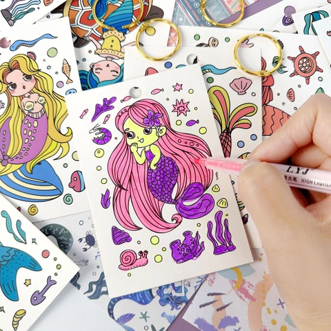 Meerjungfrau Malerkarten DIY Zeichnungskarten Mit Binderinge Kinder Cartoon Meerestiere Thema Tragbares Malpapier