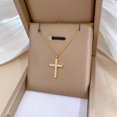 Cross Pendant Necklace Stainless Steel Gold Plated Zircon Inlaid Minimalist Elegant For Women Clavicle Chain