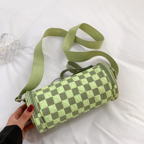Women Checkerboard Barrel Shoulder Bag Bubble Texture Crossbody Cylinder Handbag With Adjustable Wide Strap Casual