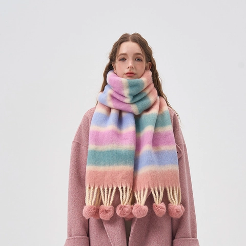 Colorful Striped Acrylic Scarf With Pom Poms And Fringes Thick Winter Warm Shawl For Women Large Fashion Long Scarf