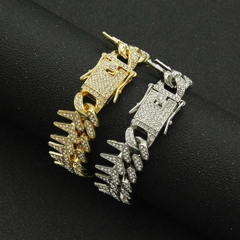 Bracciale Hip Hop da Uomo Iced Out Punta Maglia Cubana Lega Strass Gioielli Punk Esagerati Bracciale Oro Argento Oro Rosa