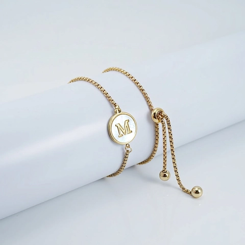 Initial Bracelet 18K Gold Plated Stainless Steel Mother Of Artificial Pearl Round Pendant Adjustable Box Chain Jewelry For Women