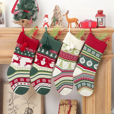 Weihnachtsstrümpfe Geschenktüten Gestrickt Acryl Rentier Schneemann Baum Muster Hängende Kamin Feiertagsdeko Party