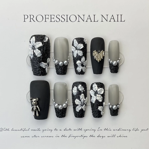 Handmade Press On Nails Long Ballerina Coffin Shape Black White Grey With 3D Embossed Flowers Artificial Pearls Metal Bear