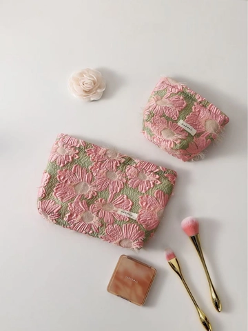 Trousse De Maquillage Jacquard À Fleurs Roses Sucrées Trousse Cosmétique Portable De Grande Capacité Organisateur Pour Femmes