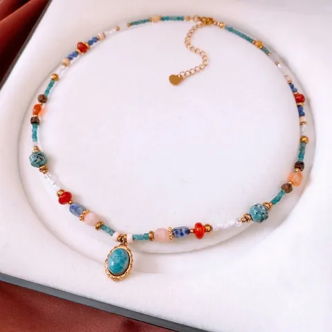 Perlenhalskette Mit Ovalem Türkis Anhänger Legierung Bunter Stein Ethnisch Vintage Retro Schicker Schmuck Für Frauen